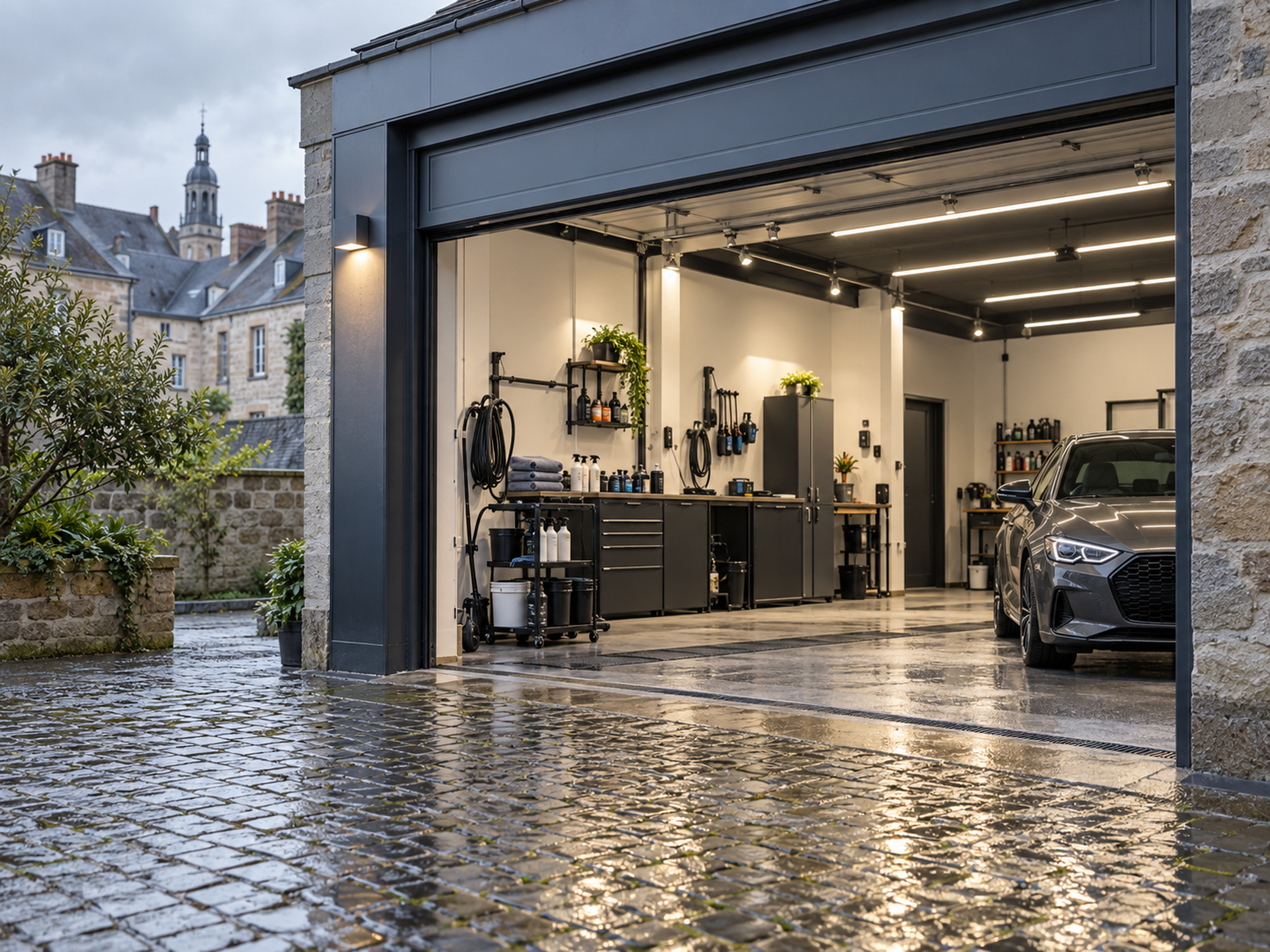 Atelier ouvert sur des pavés mouillés